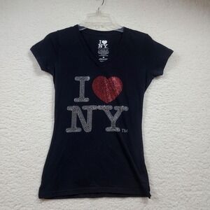 I Love NY T-Shirt Womens Medium Black Rhinestone V-Neck Short Sleeve Tee Bling